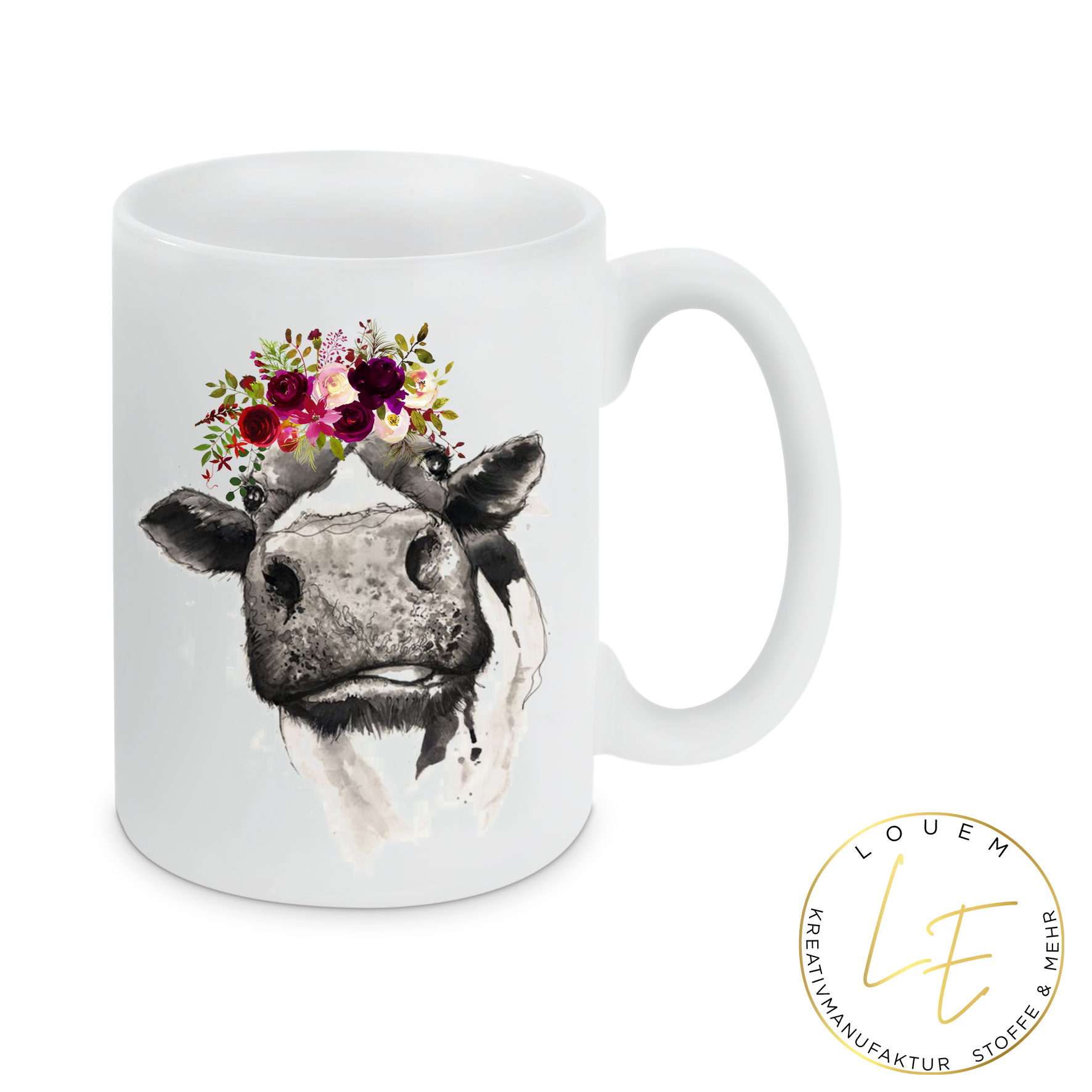 JUMBO Keramiktasse Kuh Helga mit Blumen Aquarell personalisierbar 430 ml Fassungsvermögen